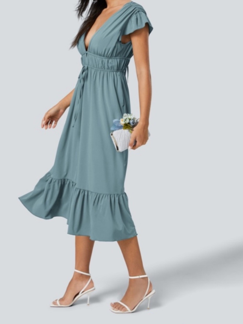 HALARA Breezeful™ Dusty Sage V-Neck Midi Dress - Size S NWT - Picture 2 of 7